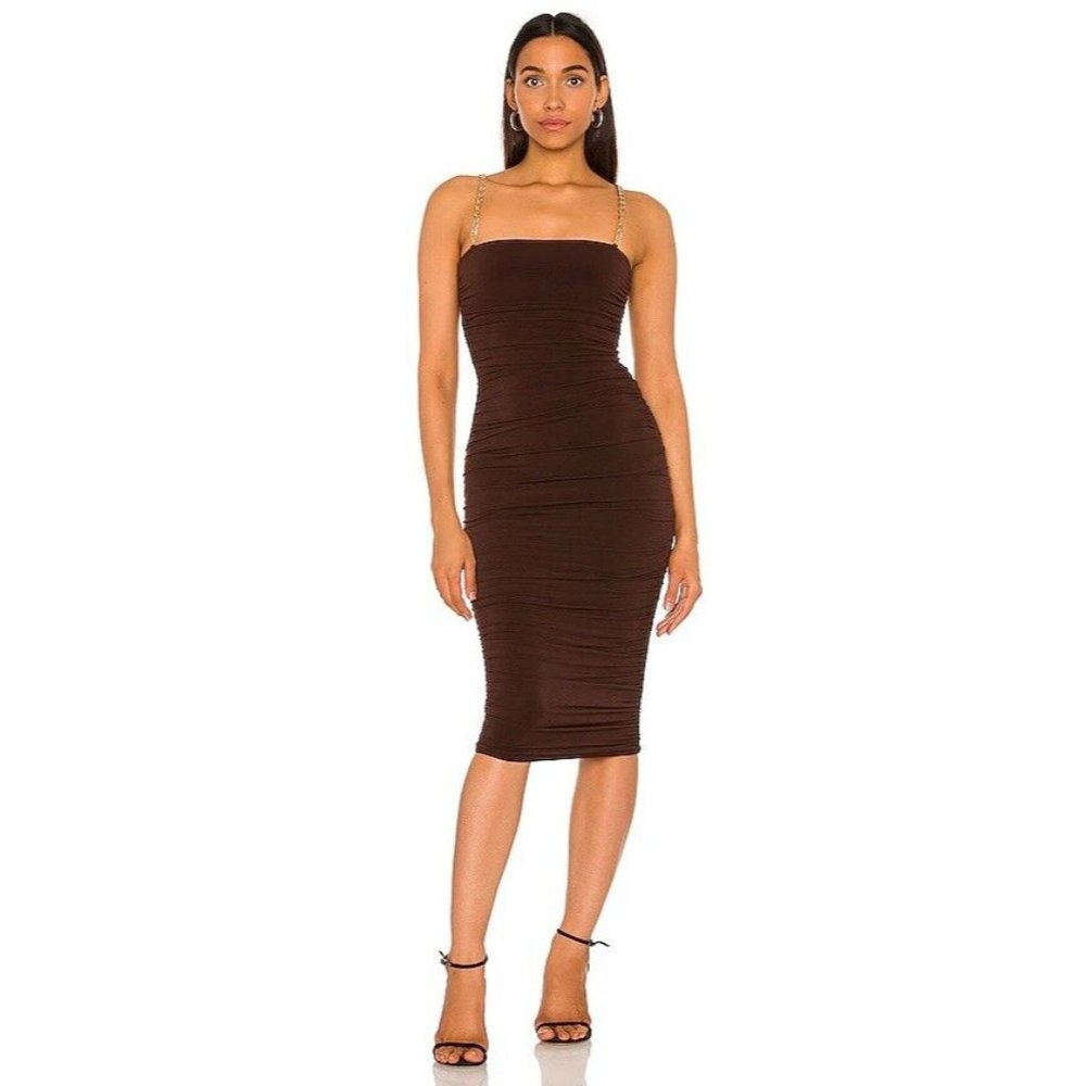 Nookie Allegra Midi Dress Chocolate Brown Bodycon Chain Straps - Picture 4 of 8